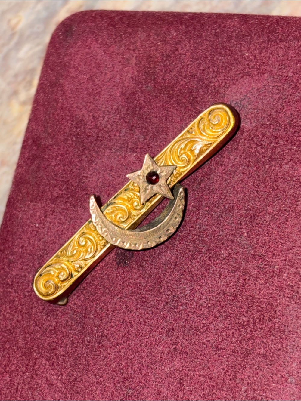 Antique Victorian Bohemian Dark Red Gem And Moon and Star Motif pin